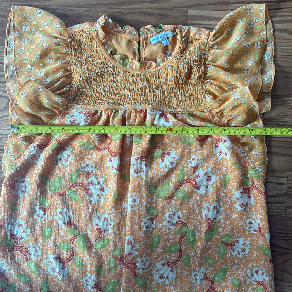 Orange Floral Flutter Sleeve Blouse Medium Cottagecore Boho Spring Anthropologie - Picture 11 of 12